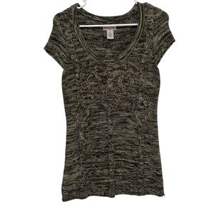 Glimmer by J.J. Basics Brown and Beige Marled Cable Knit Cap Sleeve Sweater Top